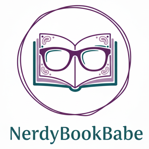NerdyBookBabe logo depicts a clean lined book open with a pair of purple classes sitting in the middle
